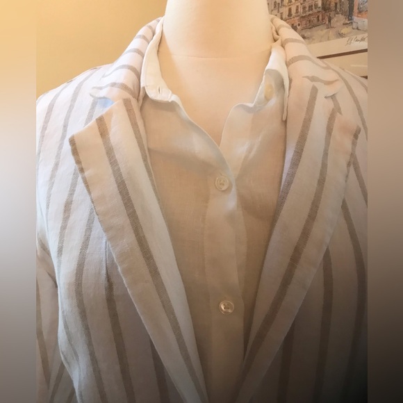 NWOT Garnet Hill Washed Linen Two Button Blazer in Natural with Khaki Stripe - Picture 4 of 8